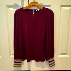 Boden Burgundy Blouson Puff Sleeve Top with Metallic striped cuff Sz 6